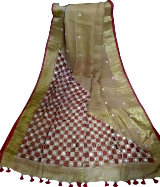 Brown Linen Cut Work Saree